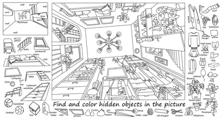 Find and color hidden objects in the picture. Room from bottom to top. Interior with furniture and home objects. Cozy family room. Learning English. Linear sketch vector illustration
