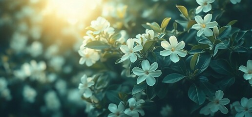 Serene Beauty: White Flowers Bathed in Gentle Sunlight on a Warm Day