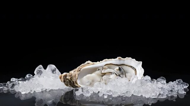Large open oyster on crushed ice with black background. Wide angle view of advertising banner for seafood store.