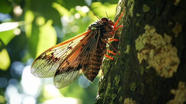 A close-up of a cicada resting on a tree bark in natural light.