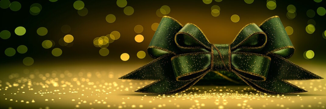 Fototapeta Elegant green gift bow with sparkling details on a shimmering golden background, creating a festive atmosphere, concept of holiday decorations or gift shops