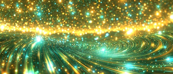 Abstract Green Gold Glittering Swirling Galaxy Background