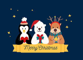 Polar bear, penguin, reindeer in winter outfit holding stars and presents. Cute merry Christmas card on navy background.
