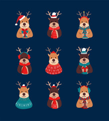 A set of reindeer, deer in Christmas outfits. Cute adorable reindeer.  Christmas card. Navy white and red brown. 