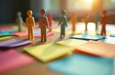 Wooden figures connected rope connection. Figures on table with colorful sticky notes, teamwork concept. Cooperation communication collaboration, business strategy. People unity. Abstract idea,