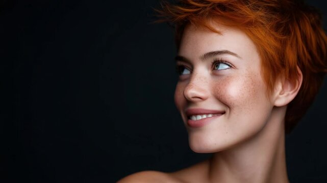 Close-up portrait of a smiling woman with red pixie cut hairstyle