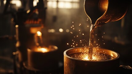 Molten metal pouring process in industrial foundry with glowing sparks and warm lighting