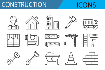 Obraz premium A collection of minimalist construction icons featuring tools, vehicles, construction sites, and related symbols in simple line art style. Ideal for use in construction, engineering, and architecture 