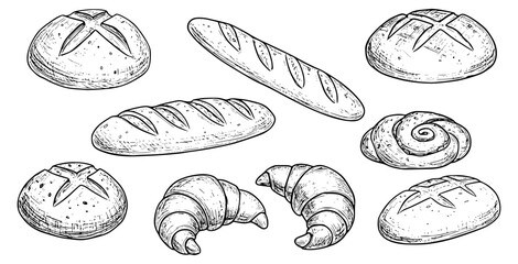 Bread different types hand drawn doodle outline icon set. Bread engraving, line art. Wheat products, baked goods, bakery. Vector illustration