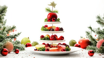 Festive fruit tower display with decorative elements for holiday celebrations