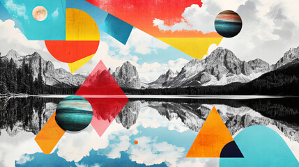 Surreal mountain landscape with geometric shapes, colorful planets, and mirrored reflections in abstract fantasy collage style

