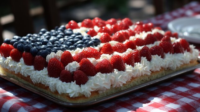 Fourth of July Flag Cake with Berries and Whipped Cream on Picnic Table