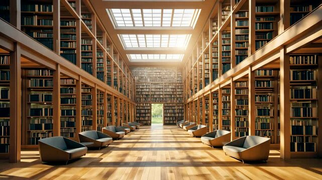 Sunlit modern library interior with towering wooden bookshelves and cozy seating arranged under skylight ceiling