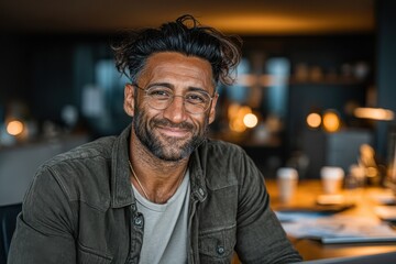 Fototapeta premium Smiling man wearing glasses in a warmly lit modern office environment