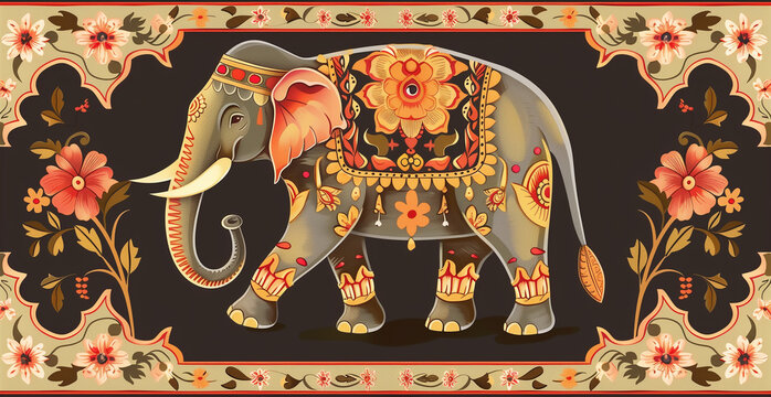 &Eacute;l&eacute;gant &eacute;l&eacute;phant indien richement d&eacute;cor&eacute; de motifs floraux traditionnels sur fond fonc&eacute; orn&eacute;, style oriental raffin&eacute; et festif inspir&eacute; de l'art et des textiles d'Asie du Sud