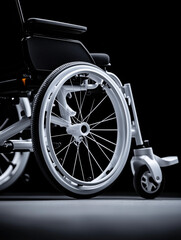 Fototapeta premium Close-up of modern wheelchair on black background, accessibility and mobility concept