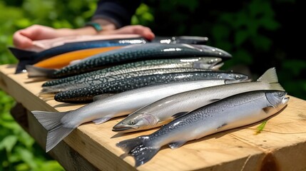 Freshly caught fish displayed on wooden board showcasing different varieties and colors