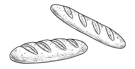 Bread different types hand drawn doodle outline icon set. Bread engraving, line art. Wheat products, baked goods, bakery. Vector illustration