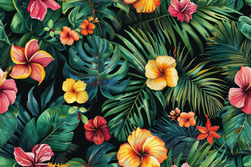 Fototapeta premium Vibrant tropical floral seamless pattern with lush leaves and flowers