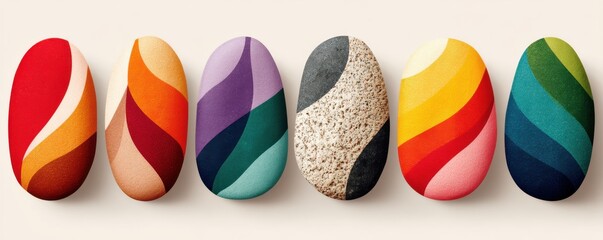 Colorful painted stones featuring vibrant patterns and textured pride-inspired designs