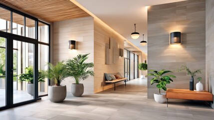 Fototapeta premium Modern interior hallway with gray tiles, potted plants, and soft lighting