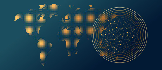 Quantum abstract circles background for big global data concept, yellow gold tones connected dots sphere lines wireframe pattern and a world map, concept of data science, technology, ai