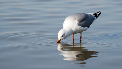 Seagull drinking water reflection close-up