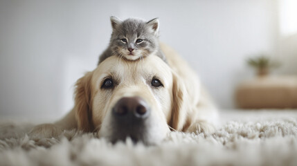 Obraz premium A cute kitten rests atop a golden retriever, symbolizing friendship, trust, and companionship. Perfect for petrelated content, heartwarming stories, or family themes.