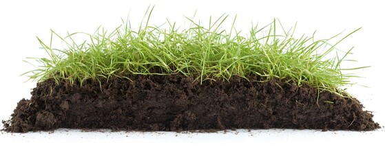 Fresh Green Grass with Soil Cross Section Isolated on White Background