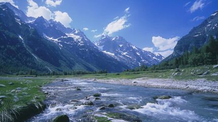 Alpine region with snow-capped peaks; mountains in the background and a river flowing from foreground to midground, creating depth and leading the eye through the scene...