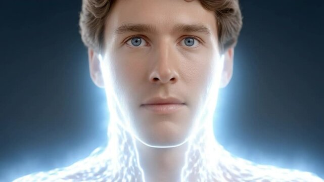Mystical Aura of a Young Person: A close-up of a youthful person bathed in a ethereal blue aura. Capturing the purity and innocence with this serene shot.