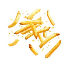 French Fries flying, Potato chips floating. Crispy fries floating in air, isolated on transparent background