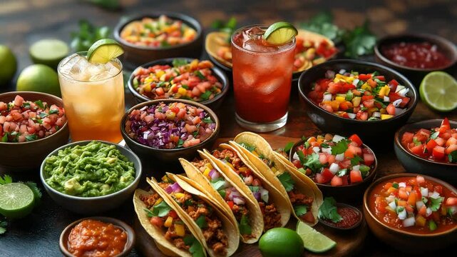 Mexican tacos and various salsas, with drinks, for restaurant menus