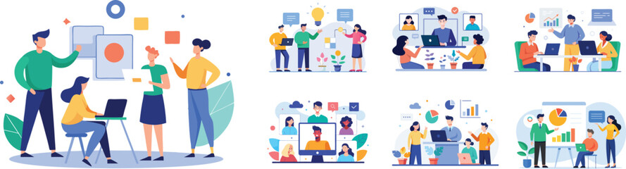 Teamwork and brainstorming vector illustration set. Business meeting, presentation concept flat vector