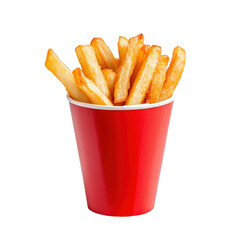 French Fries in Red Paper Cup, Crispy golden French fries served in a vibrant red paper cup against...