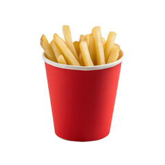 French Fries in Red Paper Cup, Crispy golden French fries served in a vibrant red paper cup against...