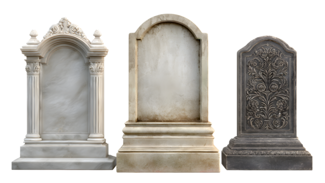 Epitaphs of Eternity: A trio of weathered tombstones, each crafted from stone, stand in solemn formation, their surfaces bearing the marks of time and memories etched in stone. PNG