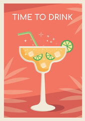 Summer cocktail poster. Glass of summer refreshing drink with ice and lime slices on the background with tropical leaves. Poster with alcoholic beverage. Vector illustration.