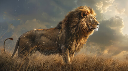Obraz premium The giant king lion stands tall in the wild, a living emblem of strength, nobility, and natural power—his gaze commanding, his mane flowing like a crown in the winds of the savannah...