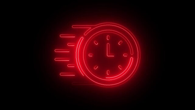 Glowing neon fast response icon isolated on black background. Animation of glowing neon Fast speed Clock icon isolated