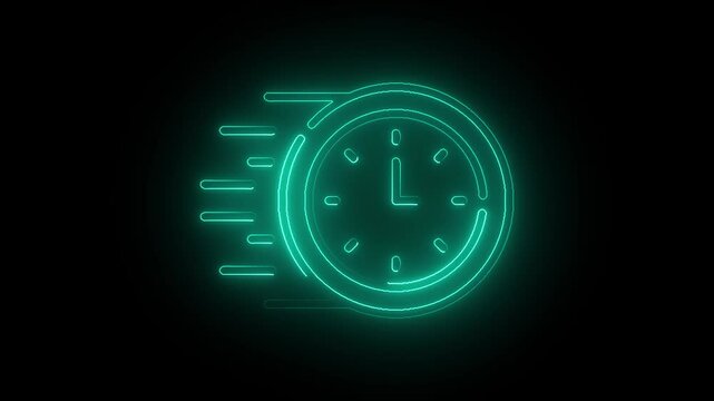 Glowing neon fast response icon isolated on black background. Animation of glowing neon Fast speed Clock icon isolated