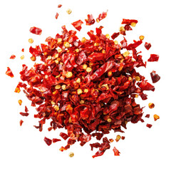 Fresh Crushed red pepper flakes, Close up shot of a pile of crushed red pepper flakes on a white...