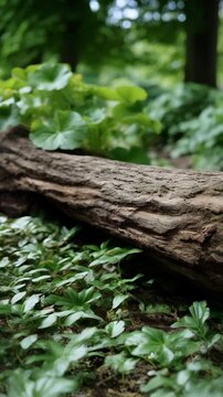 Gotu kola plant growing beside a fallen log in a wooded area. The lush greenery and natural light create a vibrant scene.