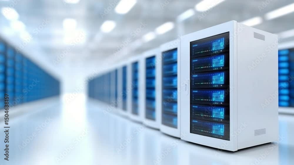 Poster Digital Data Center: A clean, futuristic data center interior showcasing rows of servers, illuminated by a soft, inviting light. Symbolizing the backbone of the modern digital world.