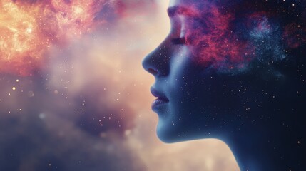 Profile of Female Silhouette with Nebulae and Starry Sky