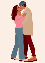 Young beautiful couple in love, hugging and kissing. Romantic date outdoors. Winter holidays themed illustration for postcard design. 