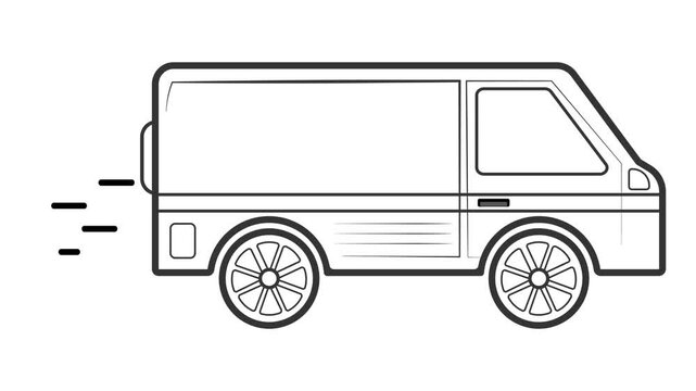 Simple animated cargo truck van outline. Blue fast delivery icon. Transport vehicle in motion. Seamless loop 4K HD video with white background. Motion graphic design express delivery van.