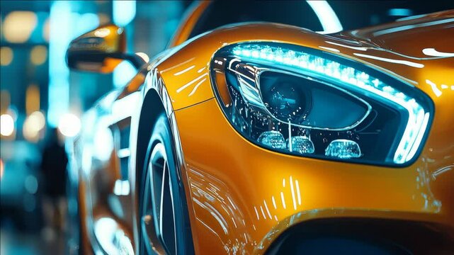 Brightly lit sports car at night in garage