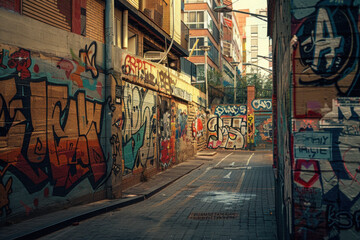 A brick wall covered with graffiti logos in 4K, featuring cinematic lighting and a realistic comic book style. Shot with a 90mm lens to capture vivid details and texture...