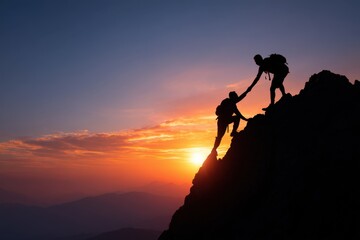 Helping Hand: Mountain Peak Success & Sunrise